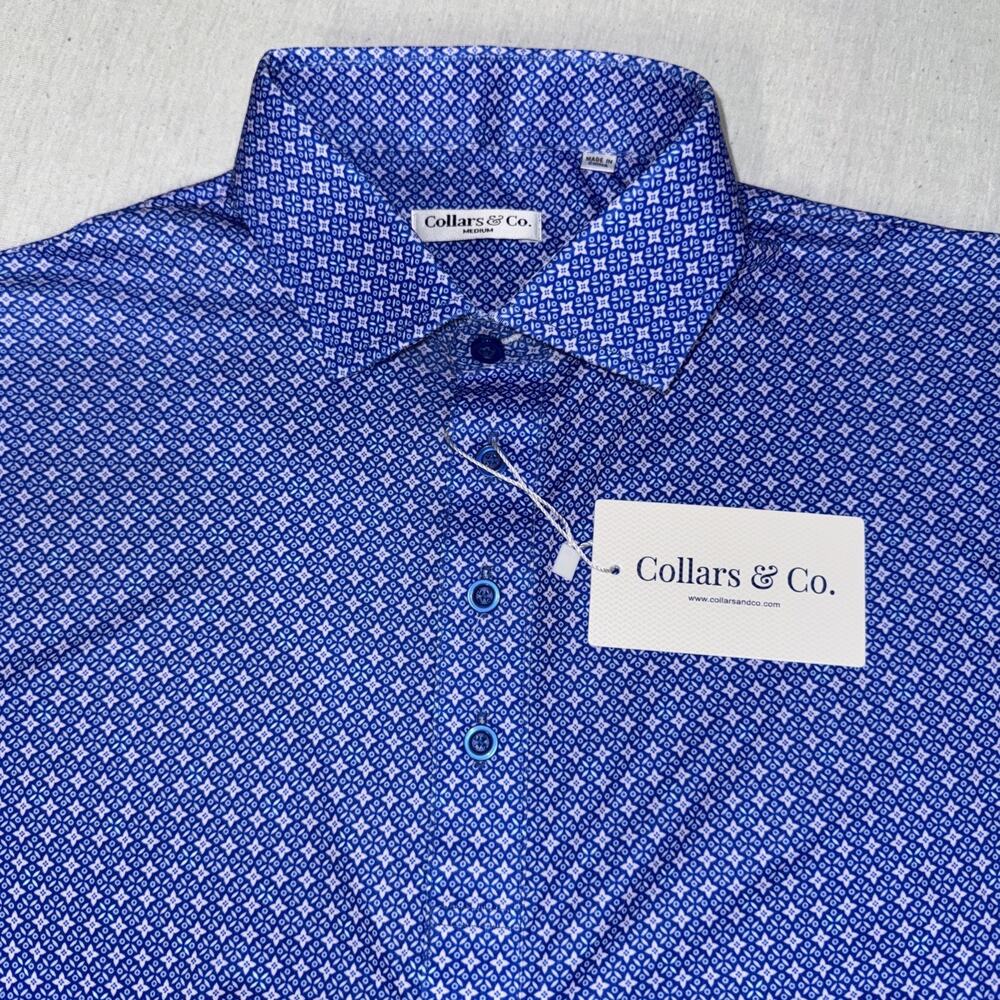 Collars & Co Golf Polo Lattice Indigo Blue Geometric Medium Preppy NWT